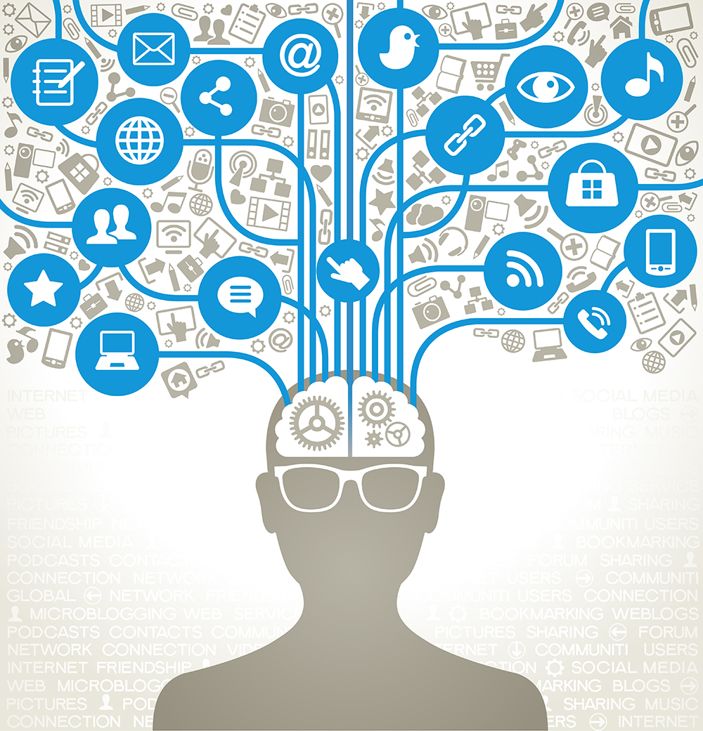 social network, communication in the global computer networks. silhouette of a human head with an interface icons.